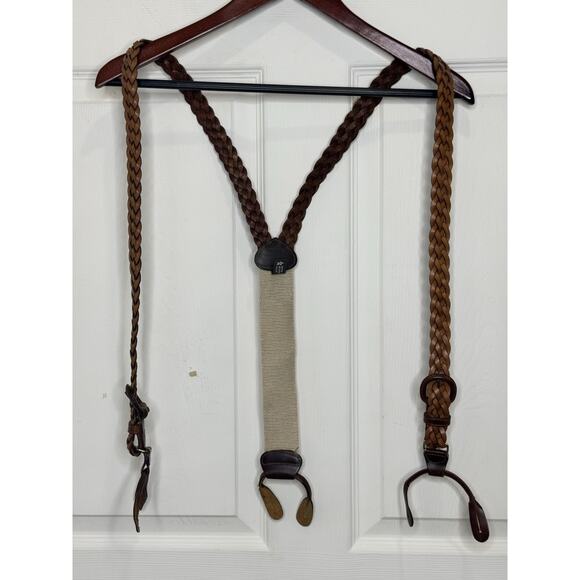 Brighton Brown Woven Leather Suspenders With Button Hooks One Size USA - Picture 1 of 9